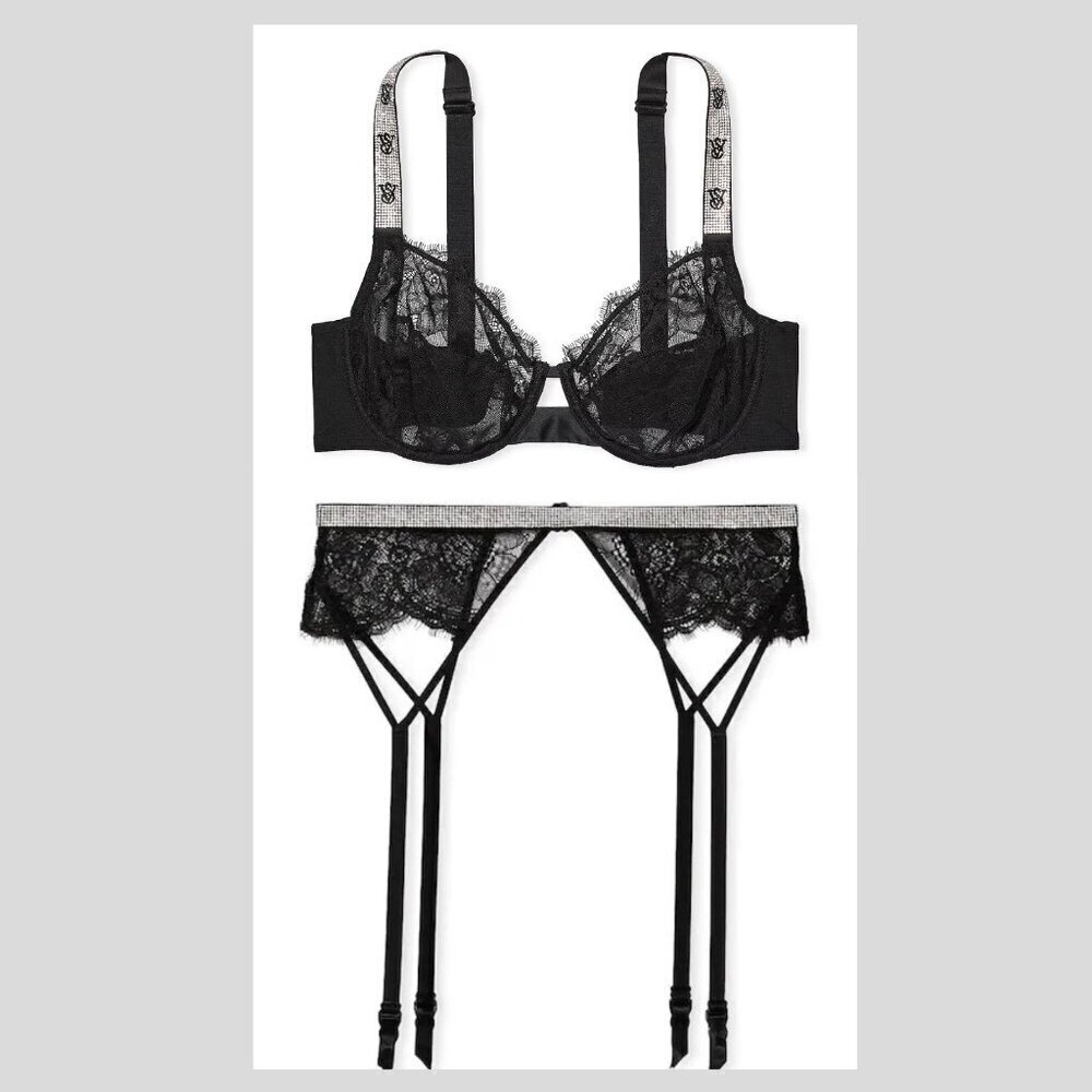 New! Victoria’s Secret Very Sexy Black Unlined Full Cup Bra & Belt Garter 10372